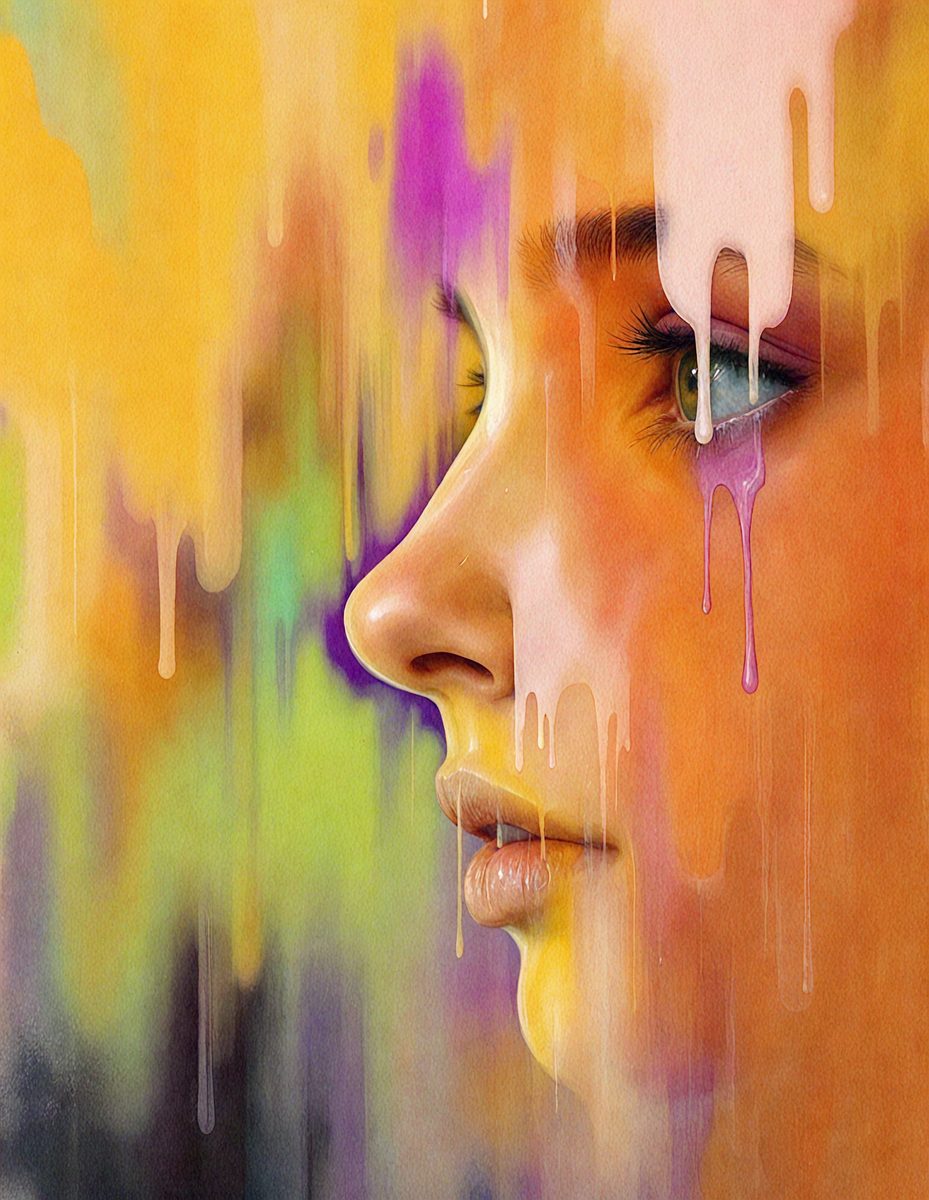 The primary subject of the image is a woman with a pink nose and a yellow face. She is the main focus of the image. The setting is a colorful background, which adds to the overall atmosphere of the image. The visual style is a combination of photo and digital art, creating a unique and vibrant representation of the woman. The colors and mood of the image are predominantly pink and yellow, giving it a warm and inviting feel.